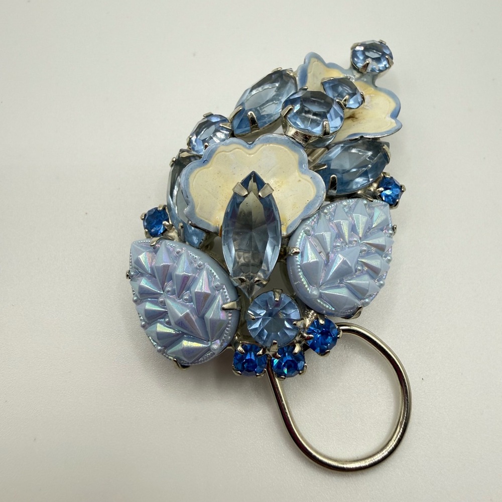 Vintage Blue Rhinestone Enamel Flower Brooch Scarf Clip Silver Tone Floral Pin - Picture 4 of 5